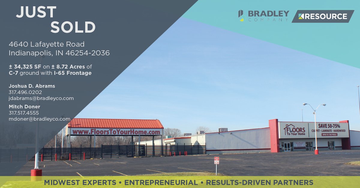 RESOURCEcre's tweet photo. Just Sold! Joshua D. Abrams and Mitch Doner represented the seller in the sale of a ± 34,325 SF building on ± 8.72 Acres of C-7 ground with I-65 Frontage.
Congratulations Joshua and @MitchDoner!
#RCRE #BCO #BradleyCompany #CommercialRealEstate #IndyRealEstate https://t.co/EZI1TrS8yK