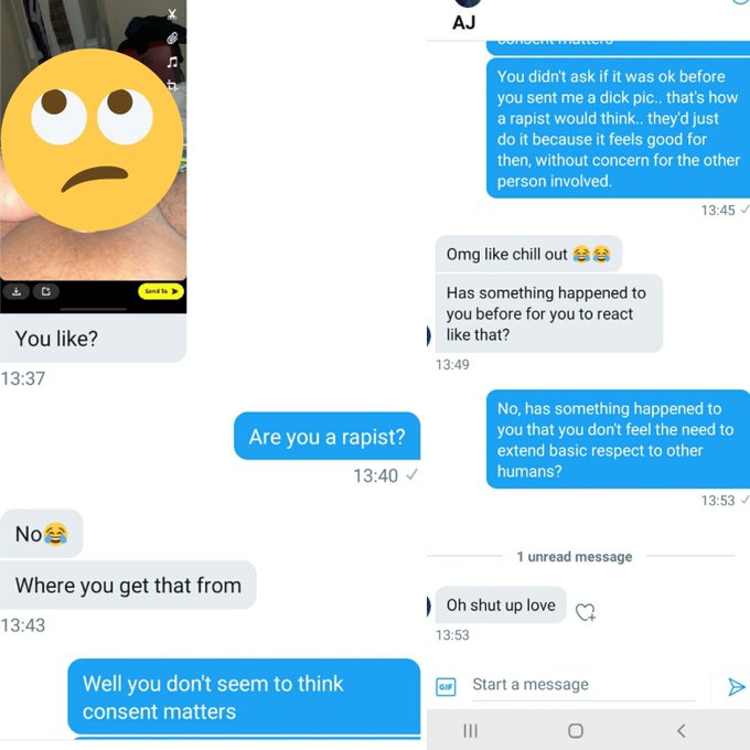 Unsolicited dicks aren't cool. Its extra uncool to assume that someone must have some previous trauma