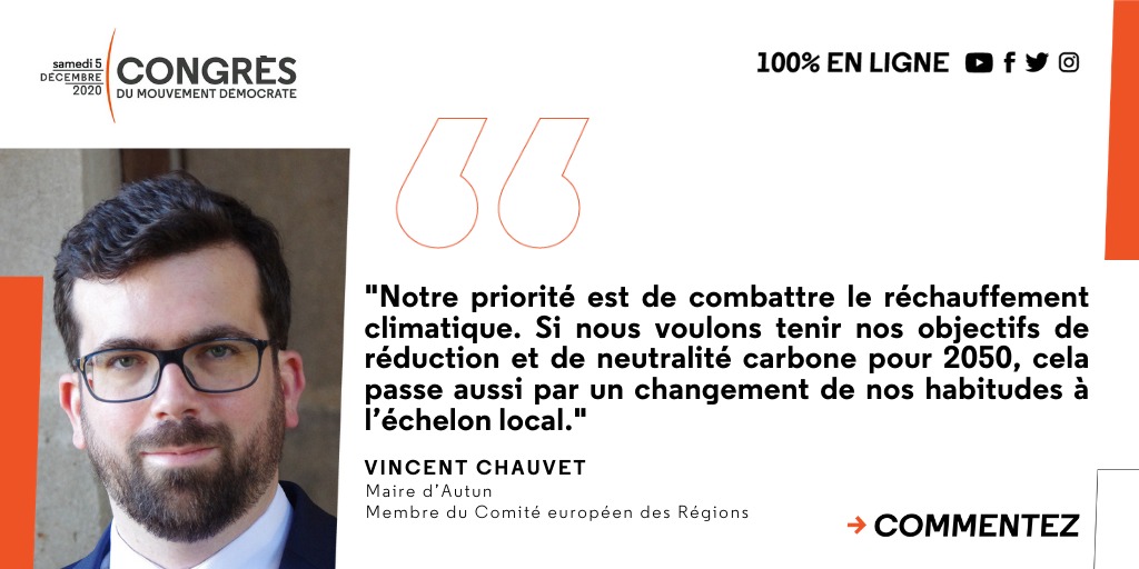 MoDem's tweet photo. 📣 "Notre priorité est de combattre le réchauffement climatique. Si nous voulons tenir nos objectifs de réduction et de neutralité carbone pour 2050, cela passe aussi par un changement de nos habitudes à l’échelon local. " @vincentchauvet
#CongrèsMoDem2020 https://t.co/Sz6ROUBZZD