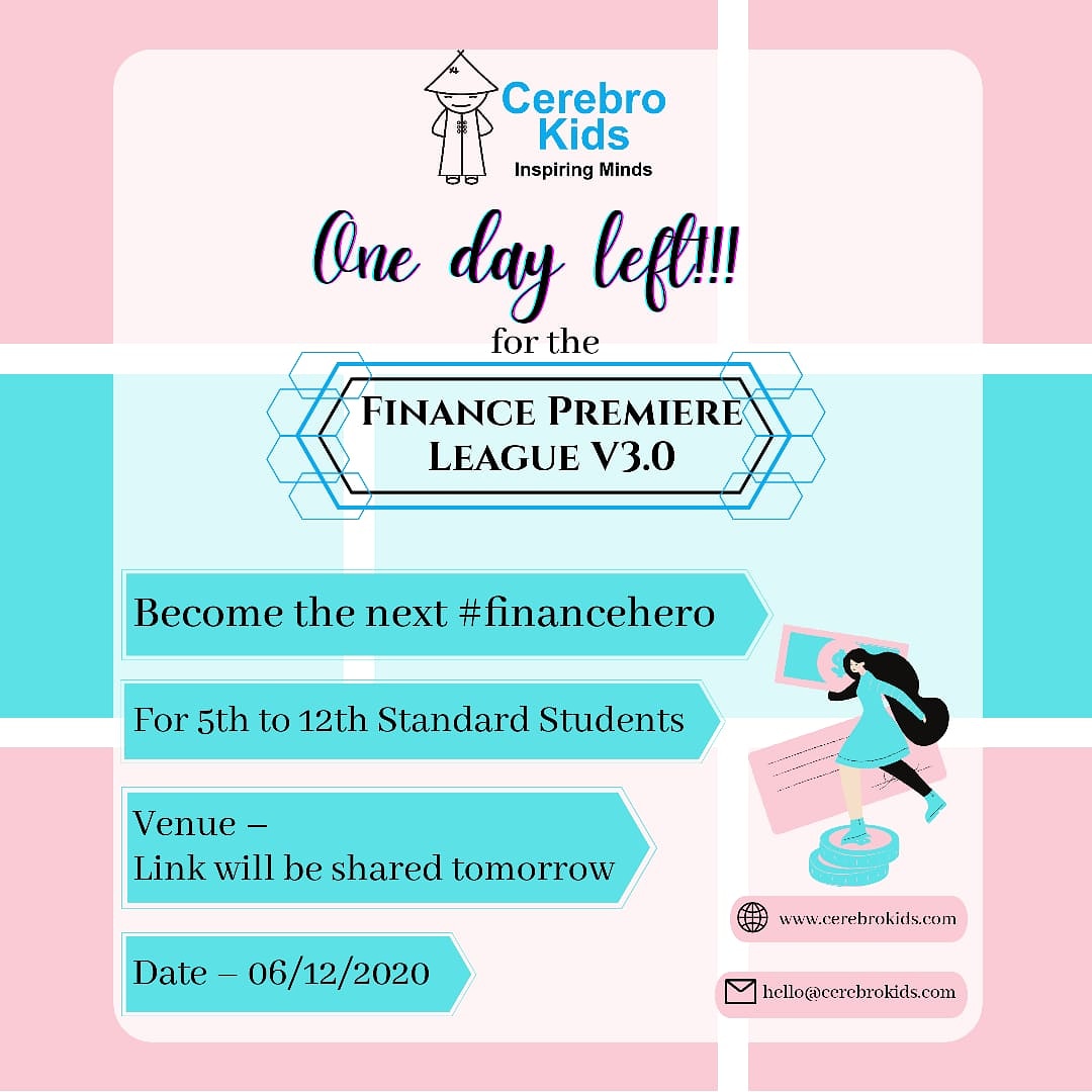 CerebroTeam's tweet image. Hurry up !!

Just one day left for the most exciting finance quiz - 
💸FINANCE PREMIER LEAGUE 3.O 💸

Register now.📌
Link : forms.gle/ZCvGStTs8d4Mg9…

And get ready to stand a chance to become our #financehero and win amazing rewards!! 🎉

Follow us to know more @cerebrokids