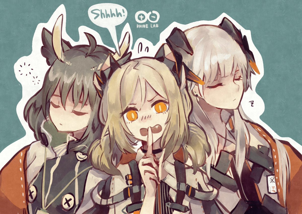 ifrit (arknights) ,saria (arknights) ,silence (arknights) multiple girls horns 3girls closed eyes feather hair twintails open mouth  illustration images