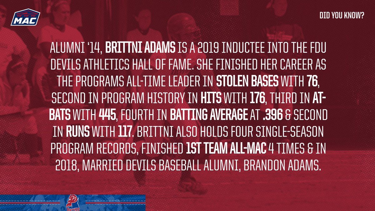 FDUDevils's tweet photo. #DYK 🥎
@fdudevilssb hall of famer, Brittni Adams '14, is top-5 in 9 categories of the programs record book & was a 4x 1st Team All @gomacsports Freedom selection from 11-14 🥇
Read the HOF write-up ➡️ https://t.co/dJ55TG7mWi
#HOFSaturday I #HeatsRising🔥 I #HornsUp🤘🏽 https://t.co/4PlOnIvBNr