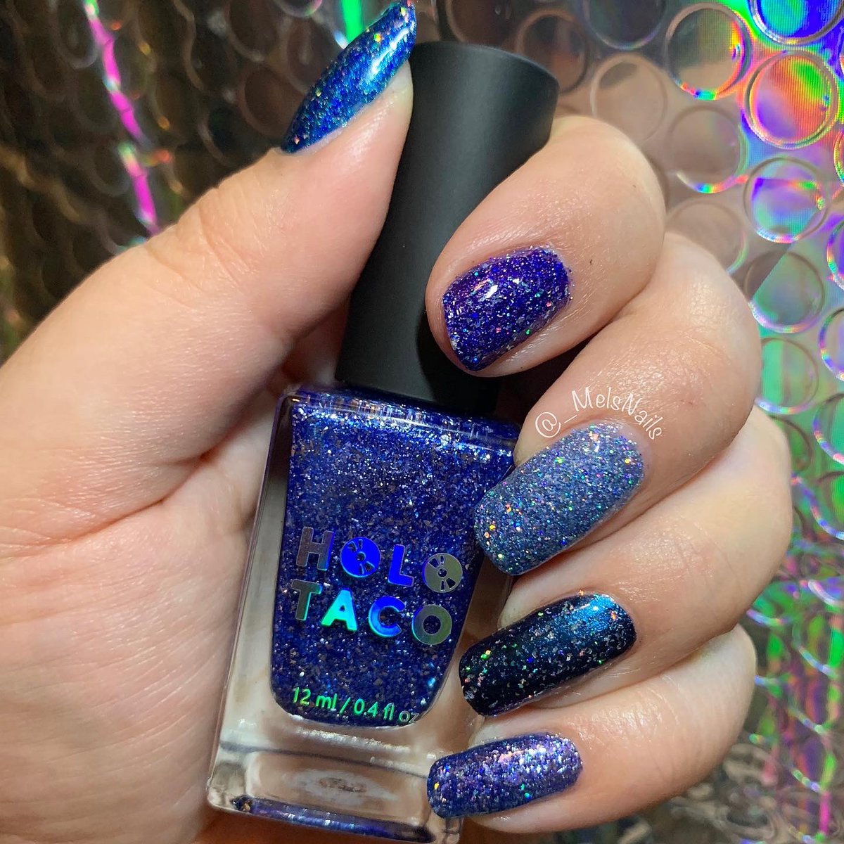 _MelsNails's tweet photo. Feeling all kinds of blue? @holotaco #FrostLight #MidnightSpark #BlueFreezie #BlueFlakieHoloTaco #ColdShoulder #BlueAintSlick https://t.co/9pXcLXKgAB