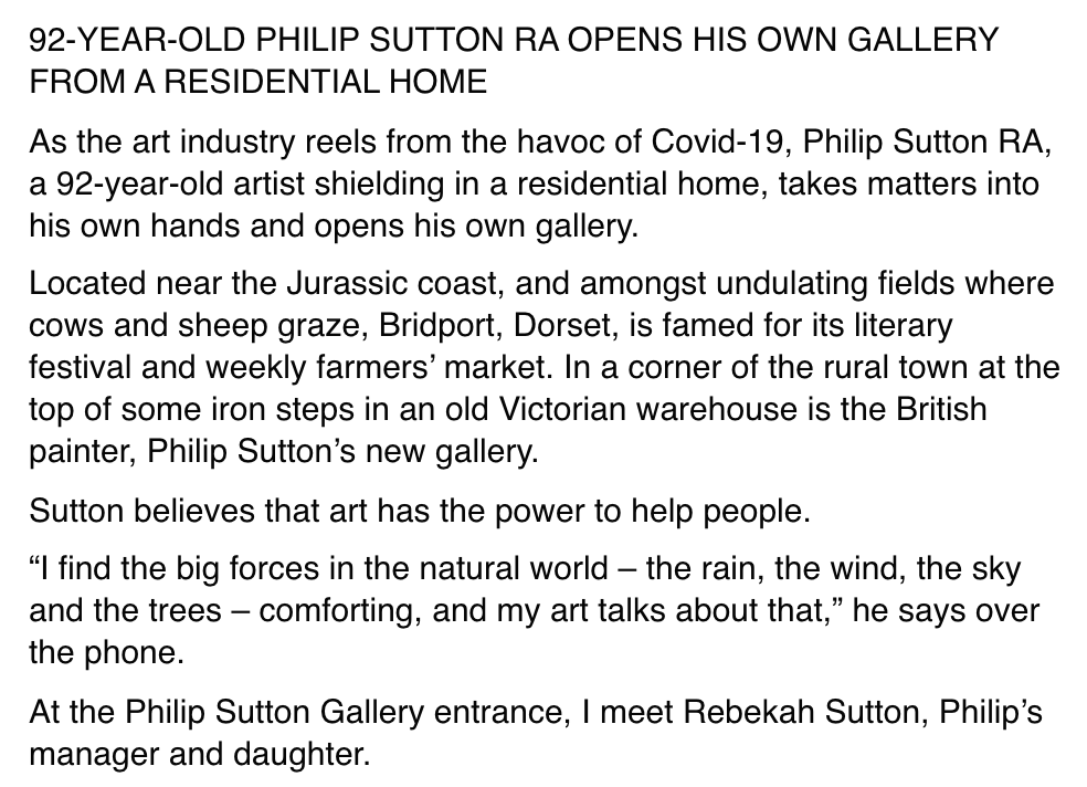 PhilipSuttonRA's tweet photo. 92-YEAR-OLD PHILIP SUTTON OPENS HIS OWN GALLERY FROM A RESIDENTIAL HOME
As the art industry reels from the havoc of Covid-19, Sutton, a 92-year-old artist shielding in a residential home, takes matters into his own hands and opens his own gallery. 
An article by @jazallensutton https://t.co/x9HWMGE6qZ