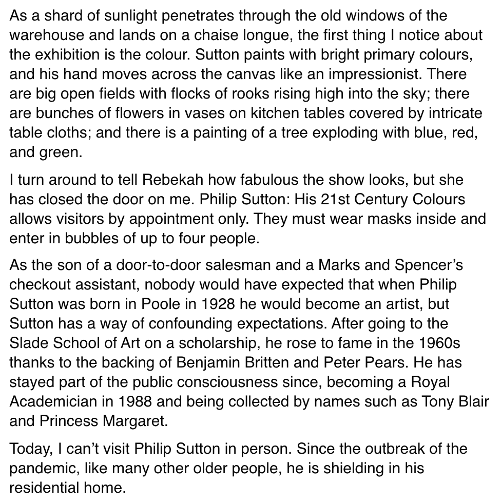 PhilipSuttonRA's tweet photo. 92-YEAR-OLD PHILIP SUTTON OPENS HIS OWN GALLERY FROM A RESIDENTIAL HOME
As the art industry reels from the havoc of Covid-19, Sutton, a 92-year-old artist shielding in a residential home, takes matters into his own hands and opens his own gallery. 
An article by @jazallensutton https://t.co/x9HWMGE6qZ