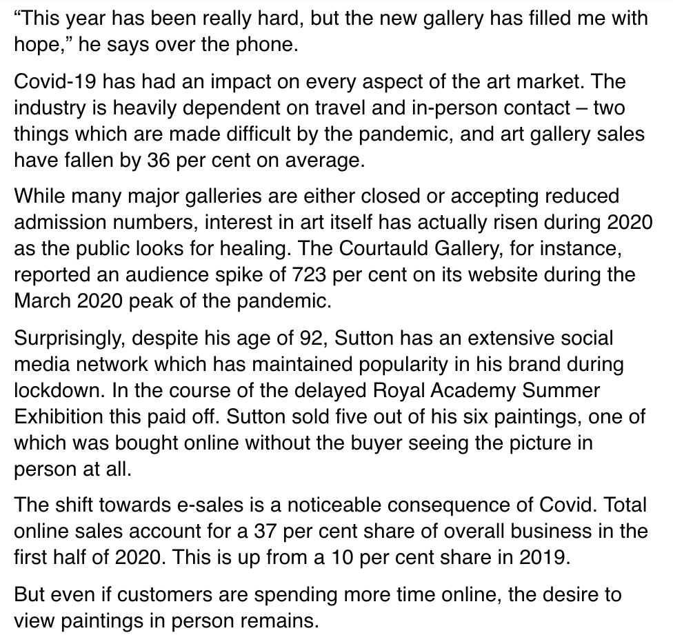 PhilipSuttonRA's tweet photo. 92-YEAR-OLD PHILIP SUTTON OPENS HIS OWN GALLERY FROM A RESIDENTIAL HOME
As the art industry reels from the havoc of Covid-19, Sutton, a 92-year-old artist shielding in a residential home, takes matters into his own hands and opens his own gallery. 
An article by @jazallensutton https://t.co/x9HWMGE6qZ