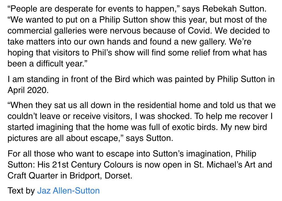 PhilipSuttonRA's tweet photo. 92-YEAR-OLD PHILIP SUTTON OPENS HIS OWN GALLERY FROM A RESIDENTIAL HOME
As the art industry reels from the havoc of Covid-19, Sutton, a 92-year-old artist shielding in a residential home, takes matters into his own hands and opens his own gallery. 
An article by @jazallensutton https://t.co/x9HWMGE6qZ