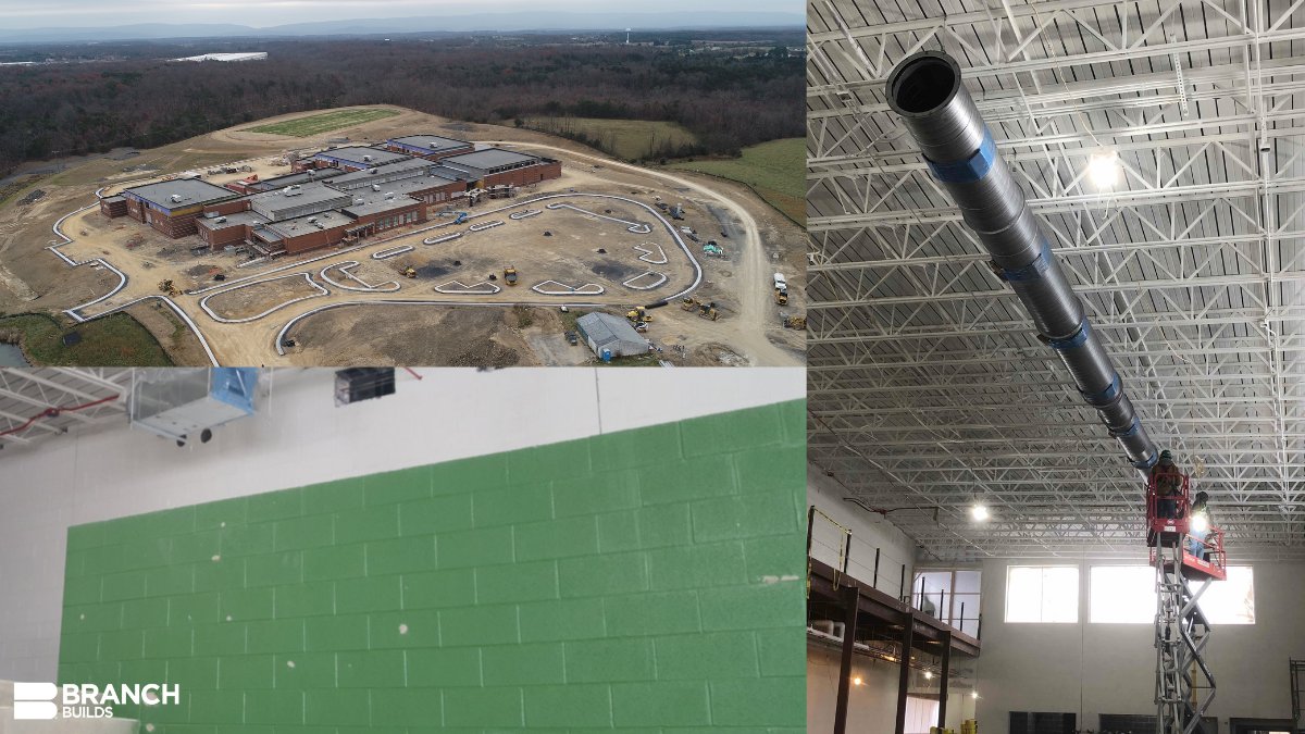 BranchBuilds's tweet image. A lot is happening in Northern Virginia at the Robert E. Aylor Middle School jobsite! Stone roads and parking are almost ready for the base asphalt, mechanical ducts are nearly complete, and the walls are starting to be painted. Great job, team! #ProjectUpdate #BuildingLegacies