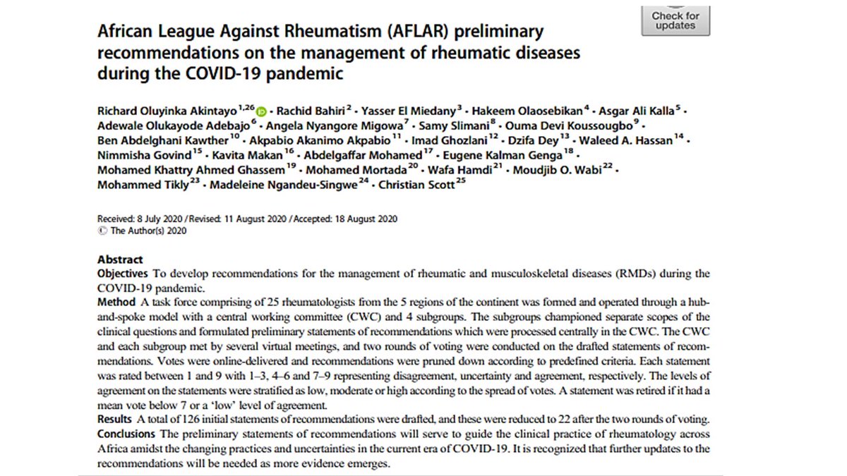 African League Against Rheumatism @AFLARRheum preliminary recommendations on the management of #RheumaticDiseases during the #COVID19 pandemic.
📌22 statements of recommendations
👉rdcu.be/cbKCs