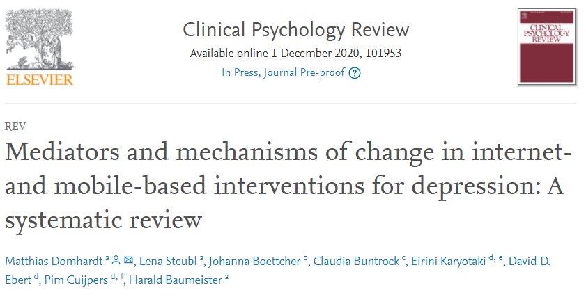 NC_Jacobson's tweet photo. New paper out published in Clin Psych Review by Domhardt, Steubl, Boettcher, Buntrock, Karyotaki, @DDEbert, @pimcuijpers, &amp; Baumeister:

Mediators and mechanisms of change in Internet- and mobile-based interventions for depression: A systematic review

https://t.co/58jUN1rPw0

/1 https://t.co/0LF8WSDjiO
