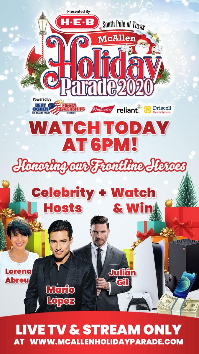 Tonight join Mario Lopez, Julián Gil, and Lorena Abreu as they host the McAllen Holiday Parade presented by H-E-B home exclusively via TV broadcast & livestream Television starting at 6pm! Santa Claus Glowing star #southpoleoftexas #mcallenholidayparade