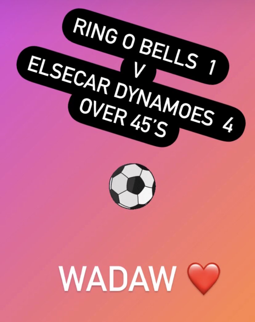 Great run out for our 45’s this afternoon blowing away some of them Lockdown cobwebs:

Ring o Bells 1-4 Elsecar Dynamoes

Danny Galvin banging a brace. Paul Steeples converting a well crafted goal with Darren Parkinson rounding up the scoring in this re-start friendly fixture!
