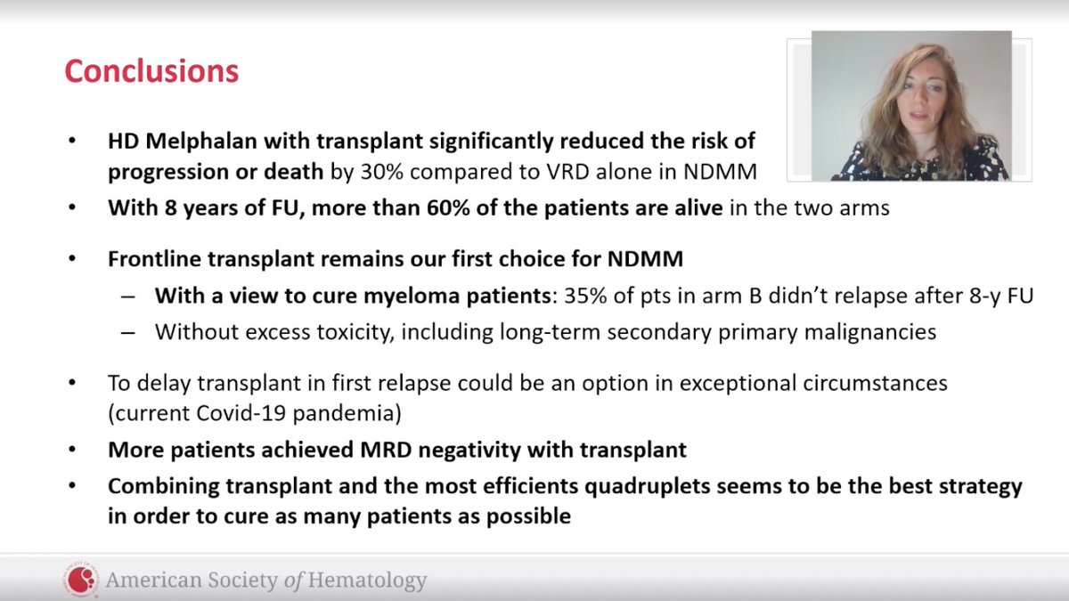 SLentzsch's tweet photo. IFM 2009 Trial by Aurore Perrot with 8 yrs FU
➡️ASCT reduced risk of death or PD by 30% compared to VRD alone
➡️ASCT superior VRD even in MRD negative 10E-6 patients
➡️Frontline ASCT remains choice of treatment for NDMM
#ASH20 #ASH20SL #mmsm https://t.co/MDNZLEweQx