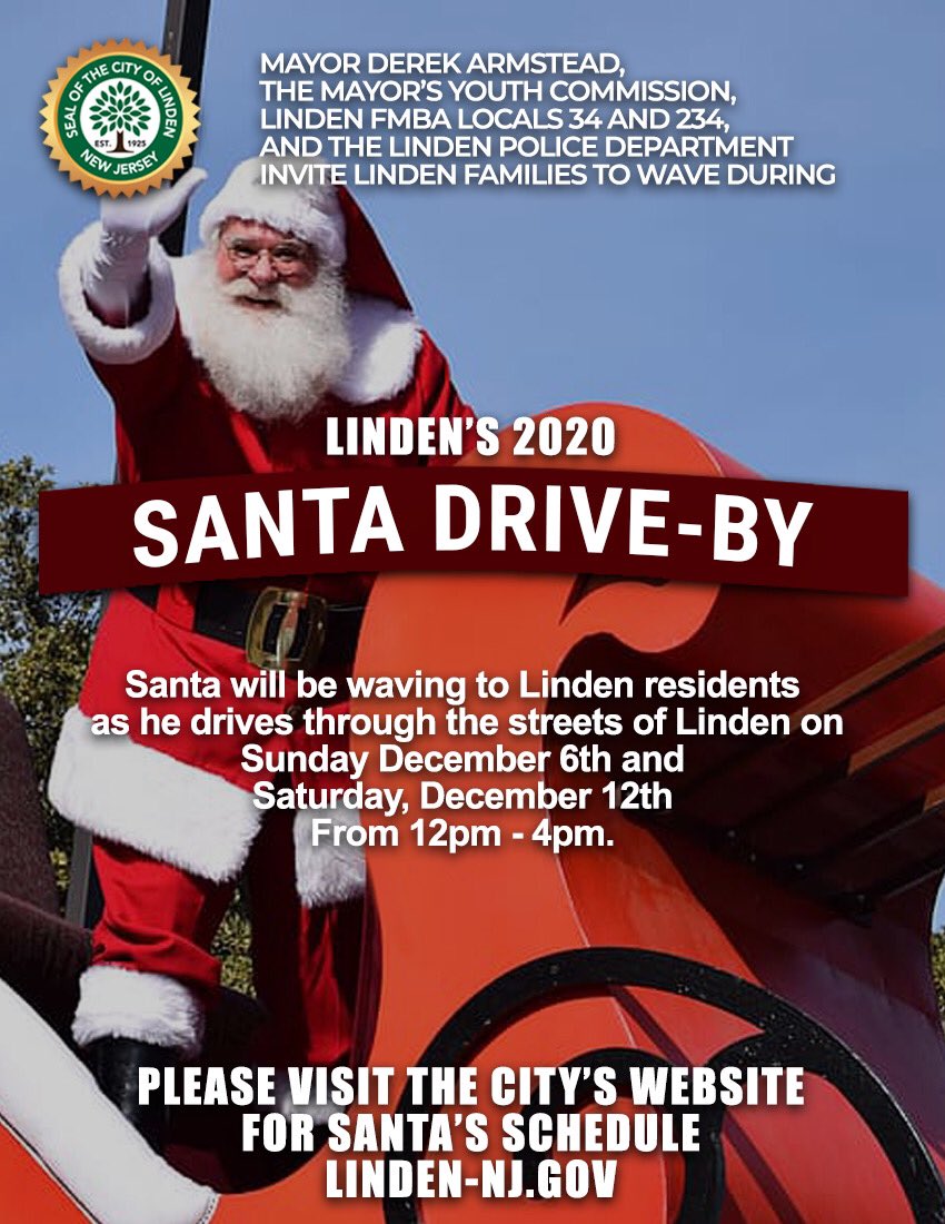LindenMYC's tweet photo. PLEASE RETWEET: Santa will be waving to Linden residents tomorrow, Sunday, December 6. Santa will start at City Hall, and will visit Wards 2, 1, 9, 10 and will finish at City Hall. Here is Santa’s street-by-street schedule: https://t.co/fz7Oi8ZUJK... #linden #lindennj #lindenmyc https://t.co/VVAMYjf22A