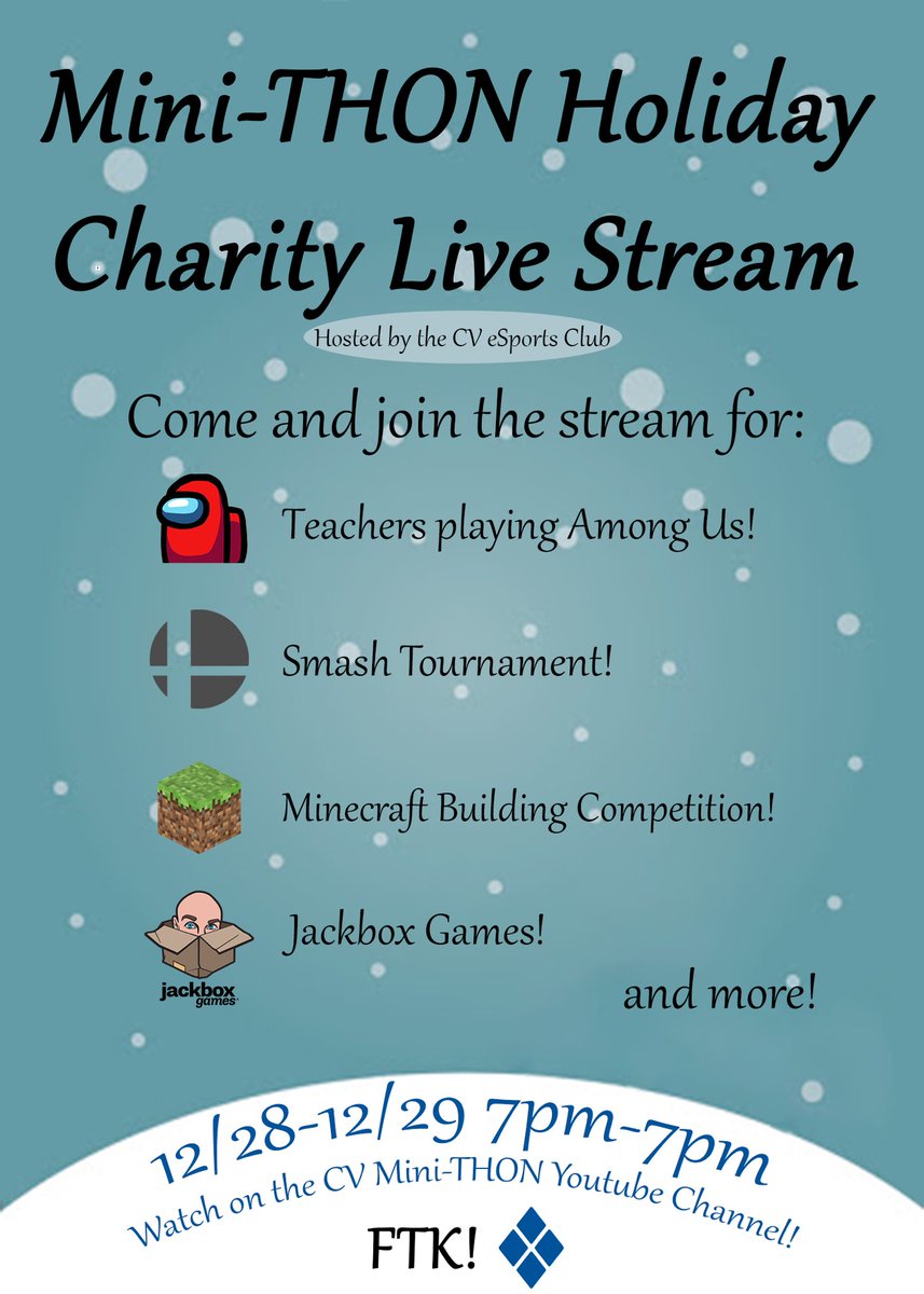 CVminiTHON's tweet photo. Mini-THON is hosting a 24 hour charity livestream along with the eSports Club on the 28th at 7pm. Students will have fun streaming, watching, and donating too! Join us at CV Mini-THON's YouTube channel on the 28th at 7pm until the 29th at 7pm. See you there, FTK! https://t.co/YpKG1EksJ8