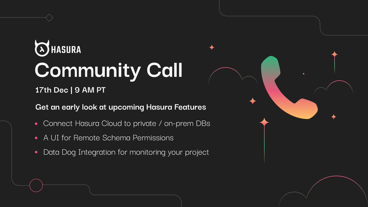 We're adding 3 new features to Hasura:* Connect Hasura Cloud to private / on-prem DBs* A UI for Remote Schema Permissions* Data Dog Integration for monitoring your projectJoin us for a live demo on 17th Dec at 9 am PT https://hasura.info/37t6y2Q 