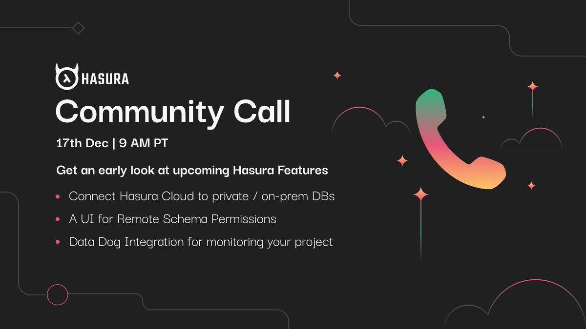 We're adding 3 new features to Hasura:* Connect Hasura Cloud to private / on-prem DBs* A UI for Remote Schema Permissions* Data Dog Integration for monitoring your projectJoin us for a live demo on 17th Dec at 9 am PT https://hasura.info/37t6y2Q&nbsp;