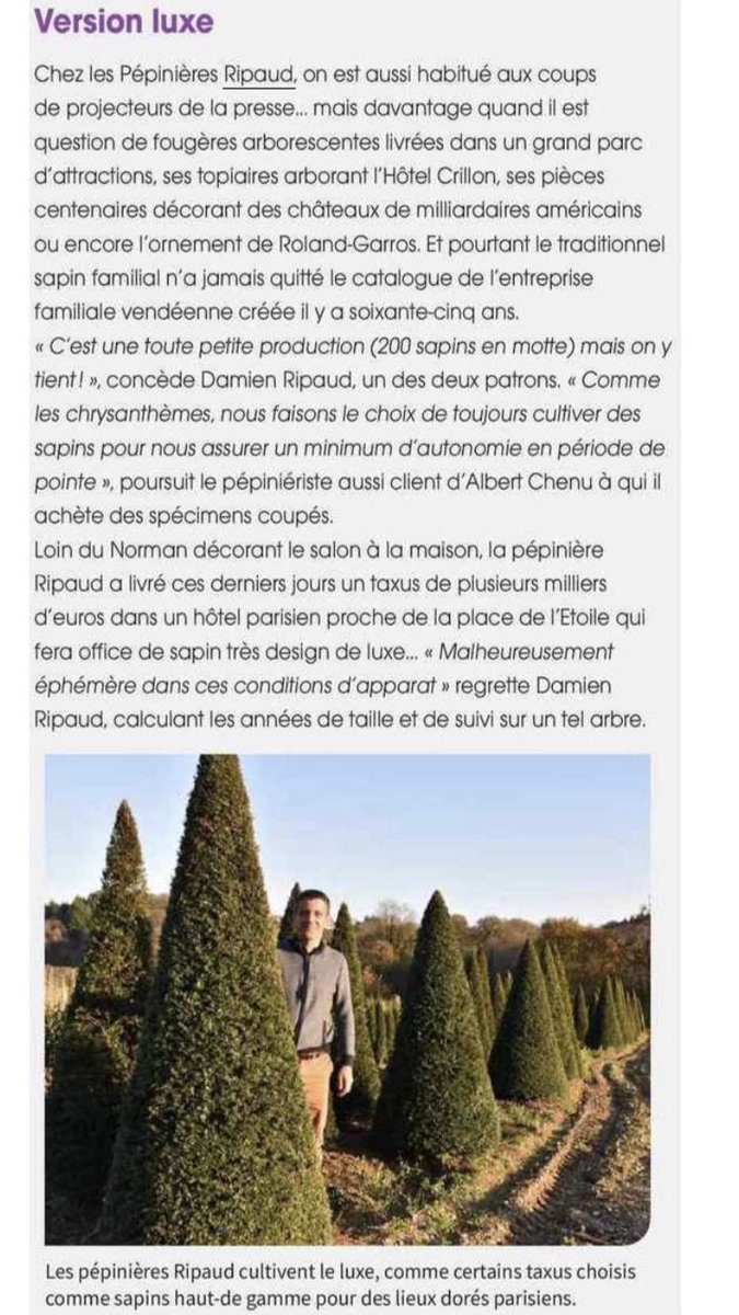 Skillvalley's tweet photo. À lire dans Réussir au sujet des pépinières #Ripaud à #Cheffois en #Vendée, une des plus grandes pépinières de France, leader de l’#arttopiaire du luxe #végétal à la française et 1er fournisseur des parcs et jardins dont @terrabotanica @parc_oriental @DisneylandParis @zoobeauval https://t.co/dRMcvlQBYl