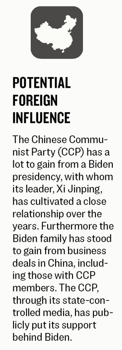 5. The  #CCP regime has much to gain from a Biden presidency. The CCP, through its state-controlled media, has publicly put its support behind Biden.Furthermore, the  #BidenFamily stands to gain from business deals in  #China, including those with CCP members.