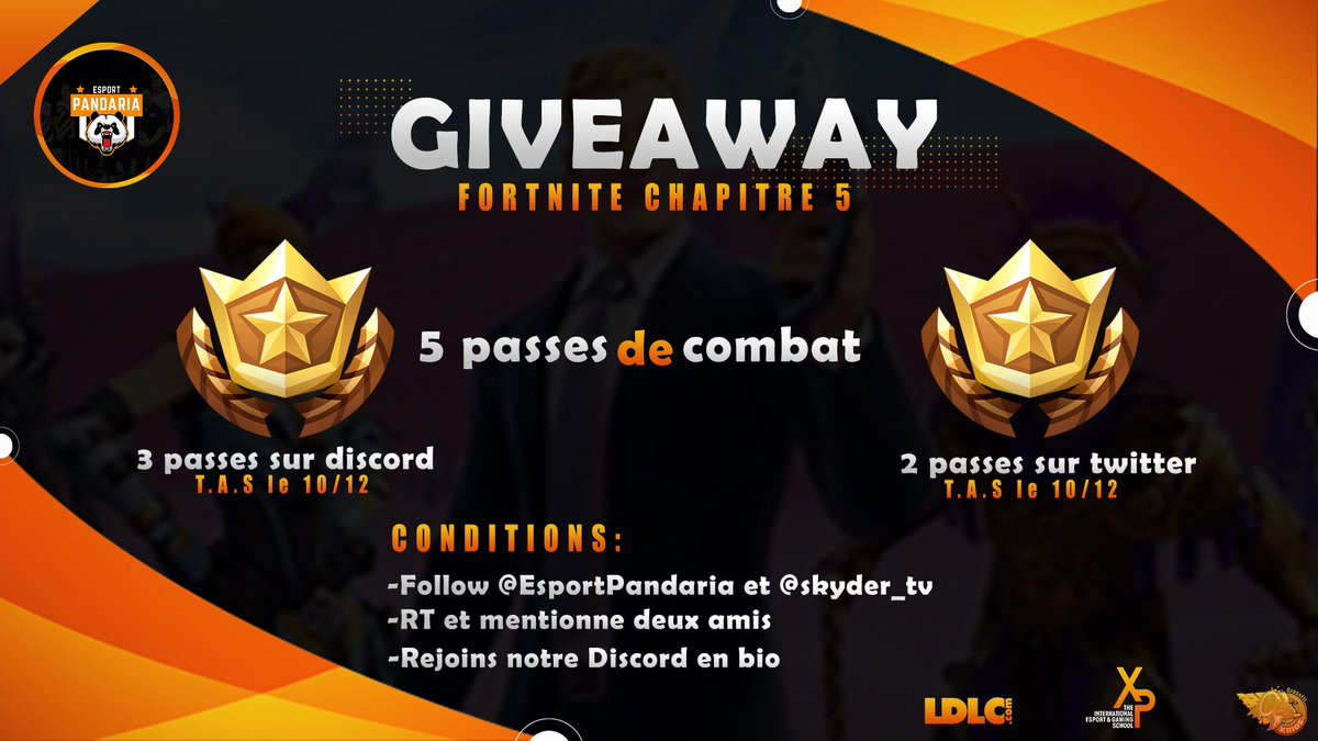EsportPandaria's tweet photo. Nouveau joueur, Nouveau Discord, ça se fête non?🐼

Giveaway: 5 passes de combat Fortnite à gagner⭐️

Conditions📢
🔶Follow @skyder_tv et @EsportPandaria 
🔶Rt ce post et mentionne deux potes
🔶Rejoins le nouveau discord: https://t.co/Xo3fPgtefS

Bonne chance🎅

T.A.S le 10/12🗓️ https://t.co/EthtWkx6jS