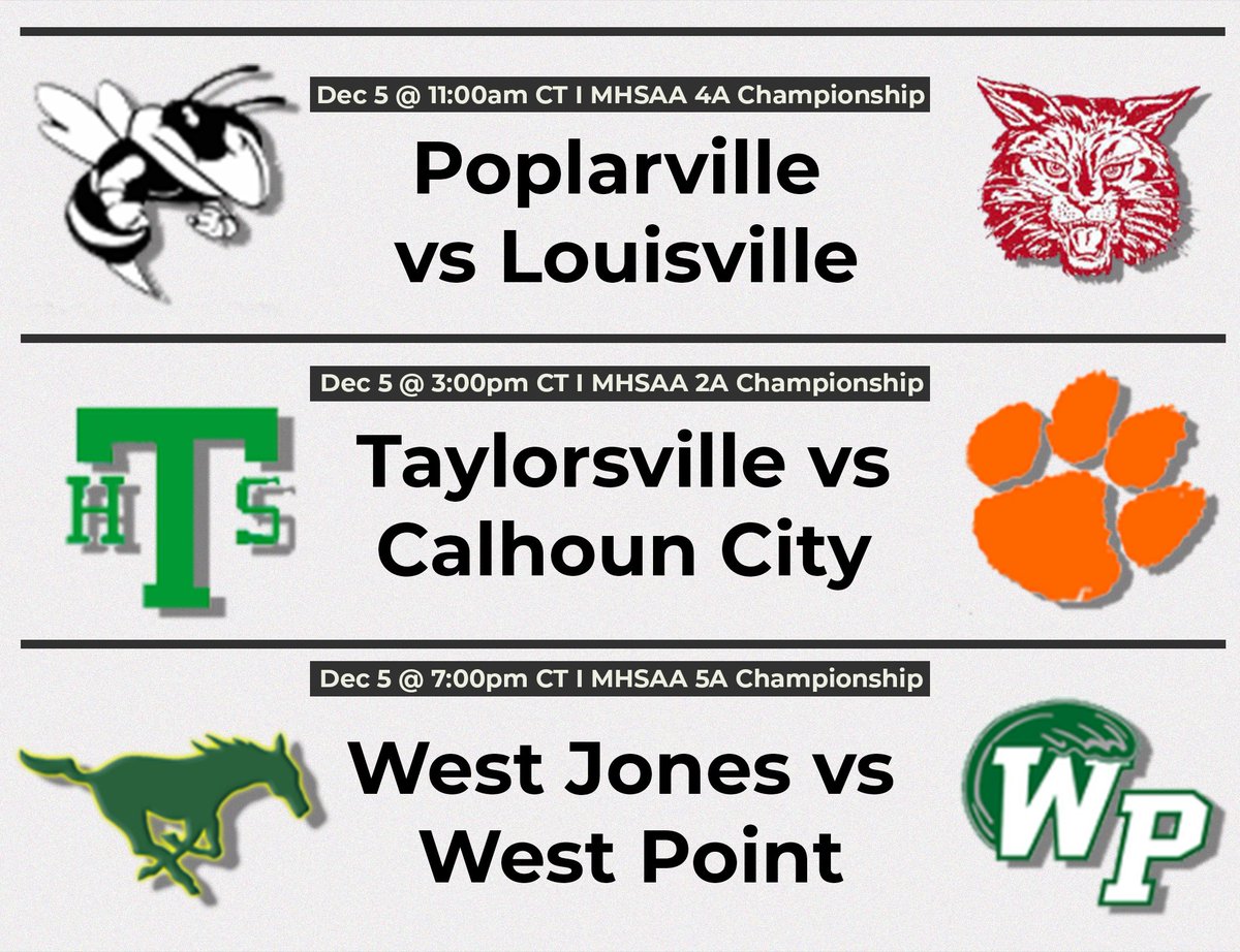It's #GAMEDAY! Stream ANY of these @Misshsaa Championship games LIVE TODAY on the NFHS Network!

<a href="/hornetnationfb/">Hornet Nation</a> I <a href="/calhouncityhs/">Calhoun City HS</a> I <a href="/WP_Athletics/">West Point Green Wave #TooMuchPoint</a>

📺 Watch Link: bit.ly/3n8QHOd
