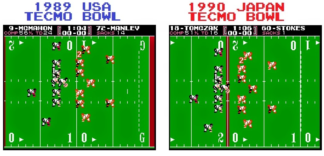 Look at the changes. McMahon vs Tomczak at QB. Note that Dexter Manley is replaced by Stokes. Odd because Manley was w/ WSH in 89. Payton was replaced by Neal Anderson on 1990 Japan Tecmo. Marcus Allen w/ LA was replaced by Steve Smith. Smith is really slow BTW.