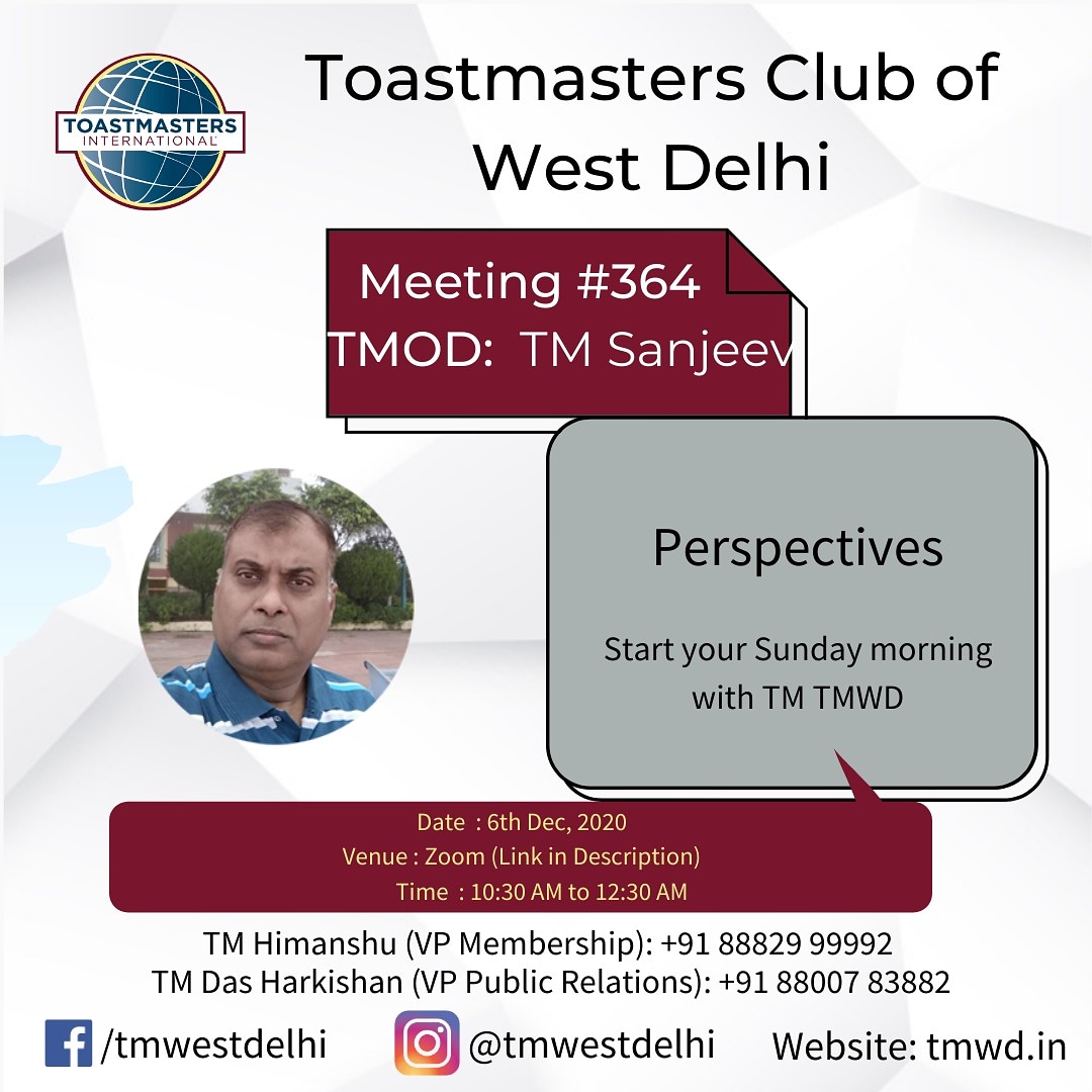 tmwestdelhi's tweet photo. Join 364th Meeting of TMWD by TM Sanjeev.
#tmwd #toastmasters #toastmastersinternational #publicspeaking #india #communication #leadership #friendlyenvironment #toastmastersmeeting #onlinemeeting #impromptuspeech https://t.co/BJ1BAuAuLu