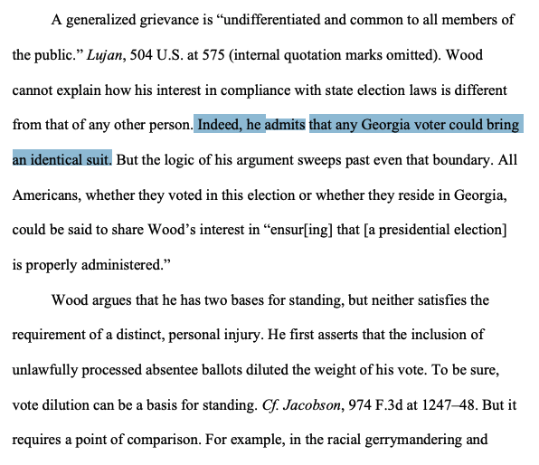 This is the latest opinion that dings post-election GOP challengers for failing to clear the most basic procedural hurdles — on standing, Pryor notes Wood undermined one of his own points, and forfeited another argument raised below by not including it in his brief