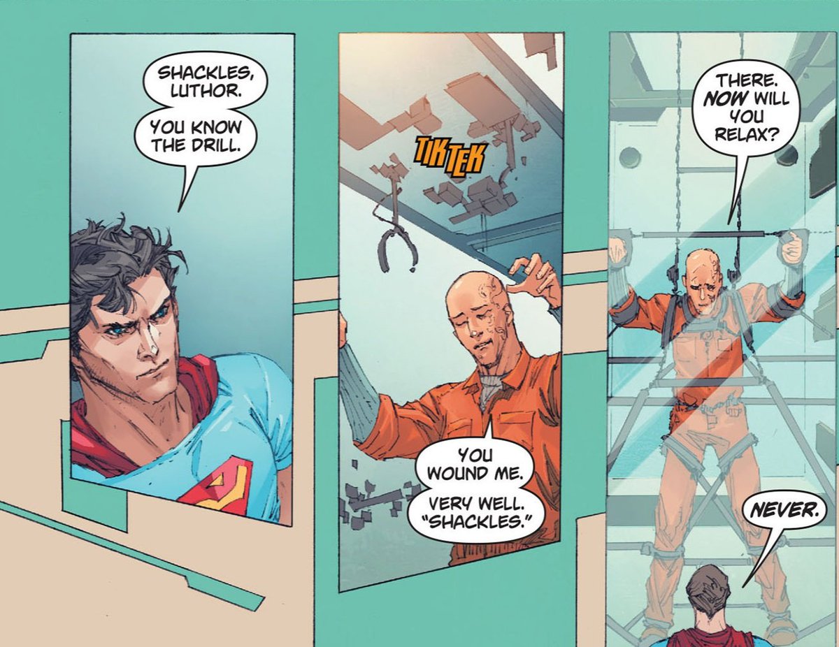Back in the 'Superman' book, Clark and Lex have a chat about H'el from inside Luthor's cage.It's implied they've talked before and have more of an adversarial repartee by now.The New 52 Superboy is a curiosity to Lex and Superman still his only challenge.