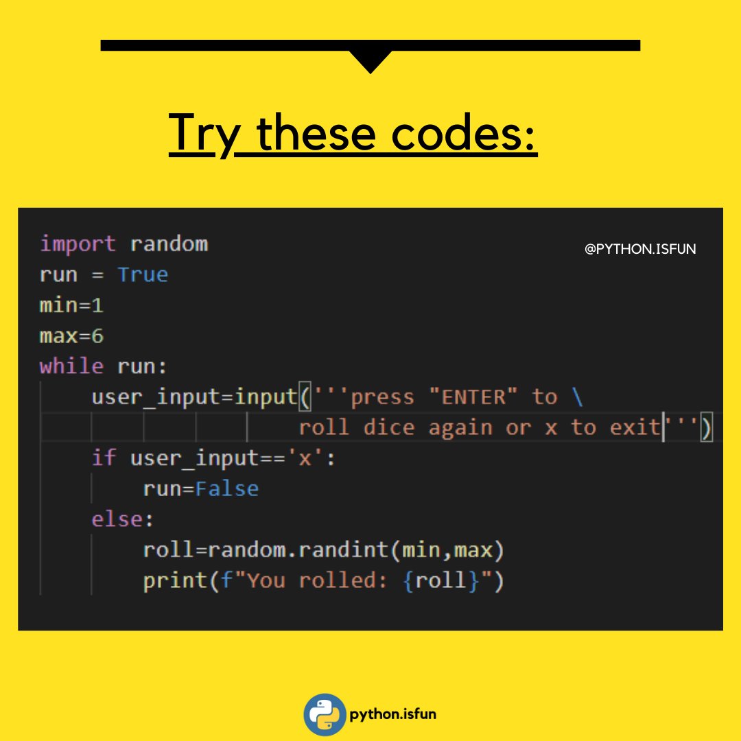 IsfunPython's tweet image. Do you know about dice simulation?
A dice is a simple cube with numbers from 1 to 6 written on its face. But what is simulation? It is making a computer model. Thus, a dice simulator is a simple computer model that can roll a dice for us.
Do follow @IsfunPython
#pythonisfun