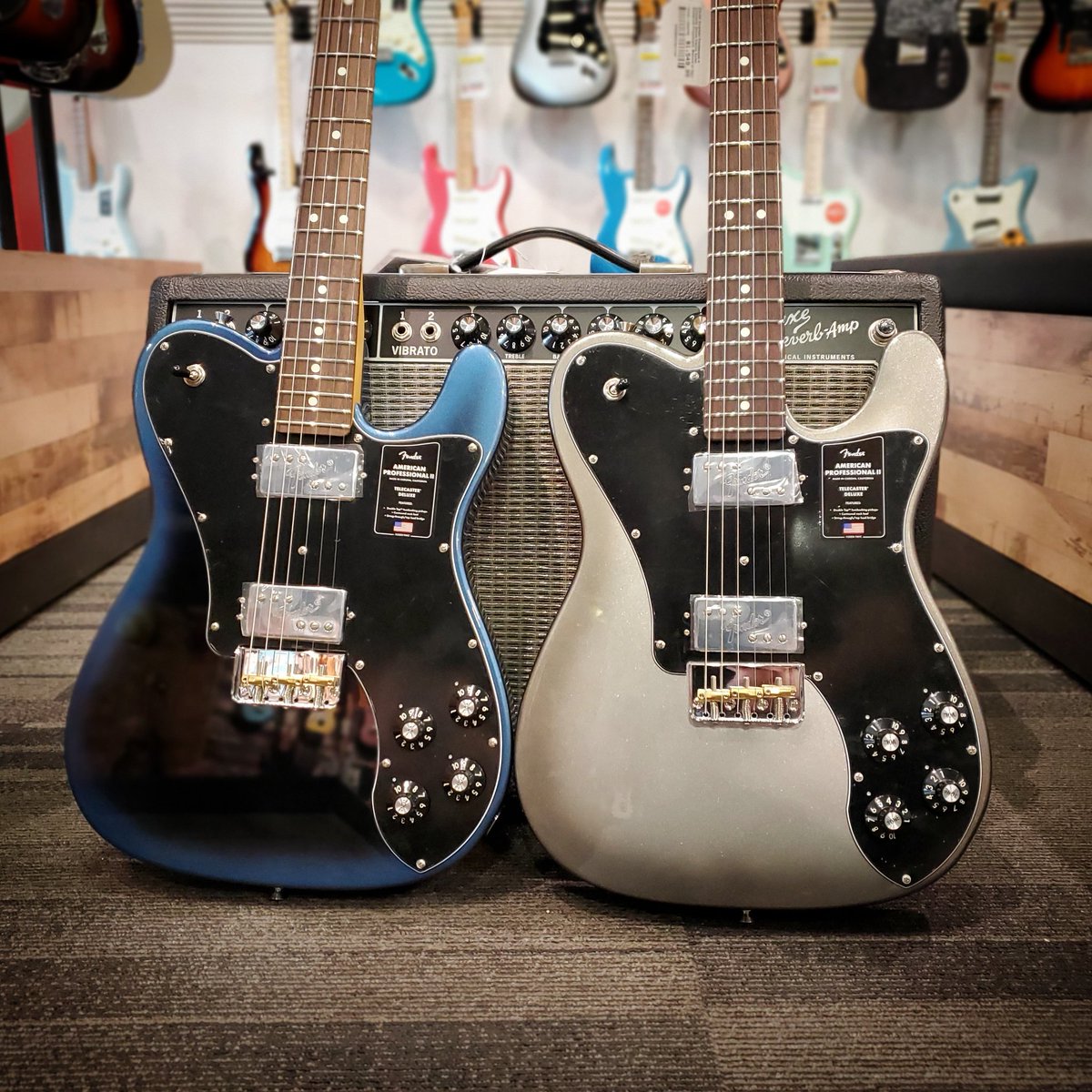 FirehouseGV's tweet photo. We just received these twin @fender American Professional II Deluxe Telecasters.  Which one would you grab first?  
#fender #fendertele #telecasterdeluxe #americanprofessionalii #twinguitars #DarkNight #Mercury #guitarspotter #guitarshop #gearbusey #gearnerds #televibes https://t.co/q4OX0yzryr