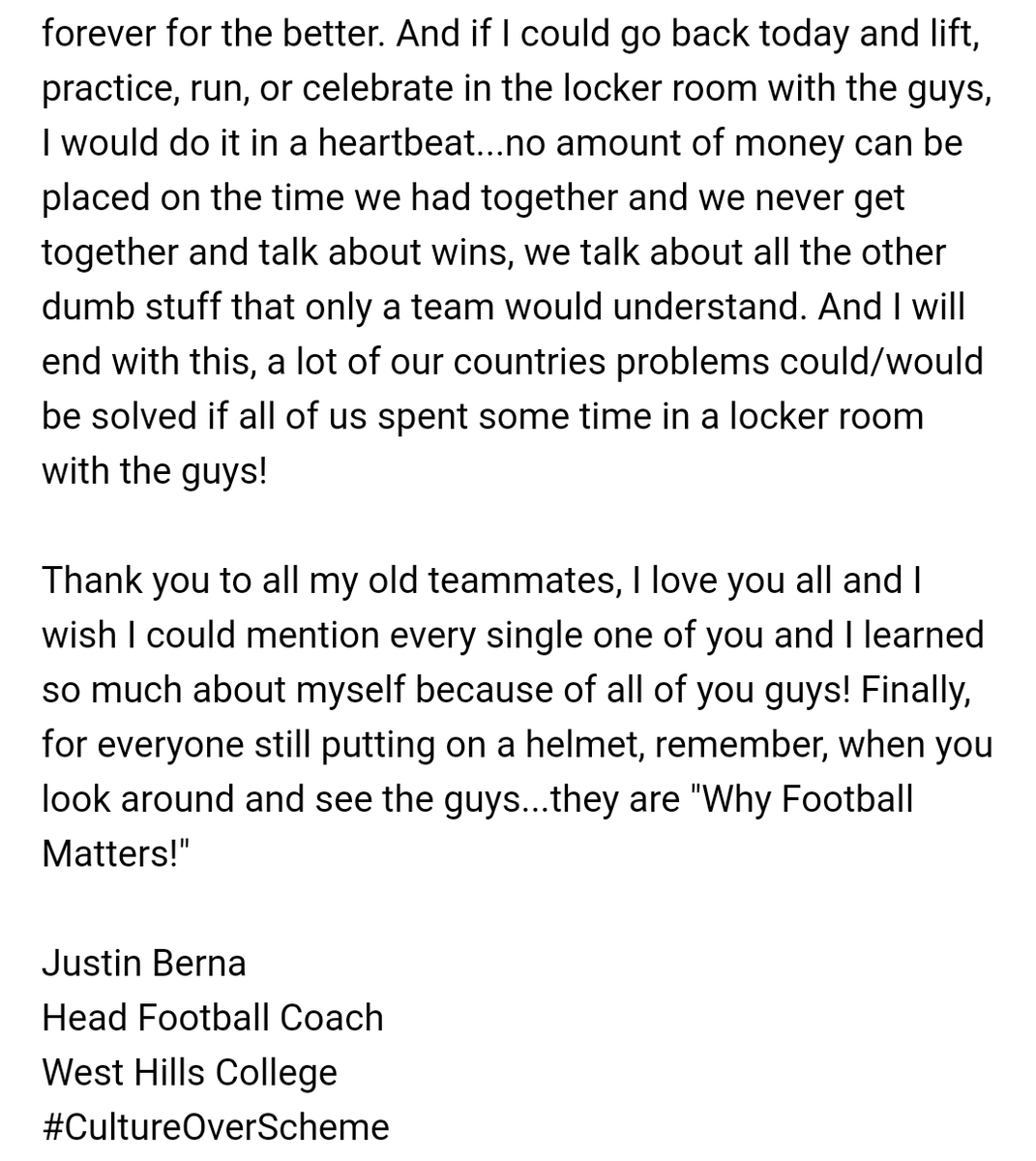 Coach_Berna's tweet photo. I wrote this 3+ years ago for a buddies blog...I apologize for my poor writing skills but I feel this is just as relevant today! #WhyFootballMatters #ForTheGuys #CultureOverScheme #WinTheDay #BiggerThanSports https://t.co/UdbBr7hzsl
