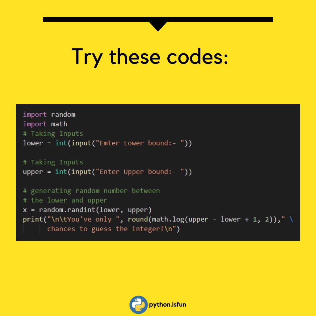 IsfunPython's tweet image. Most of the students from a Computer Science background, think of their very first project after doing a Programming Language.
I.e Number guessing
Do follow @IsfunPython
#pythonisfun #pythonprogramming #pythonisfuture
#codeforfun #codewithharry #pythonlanguage