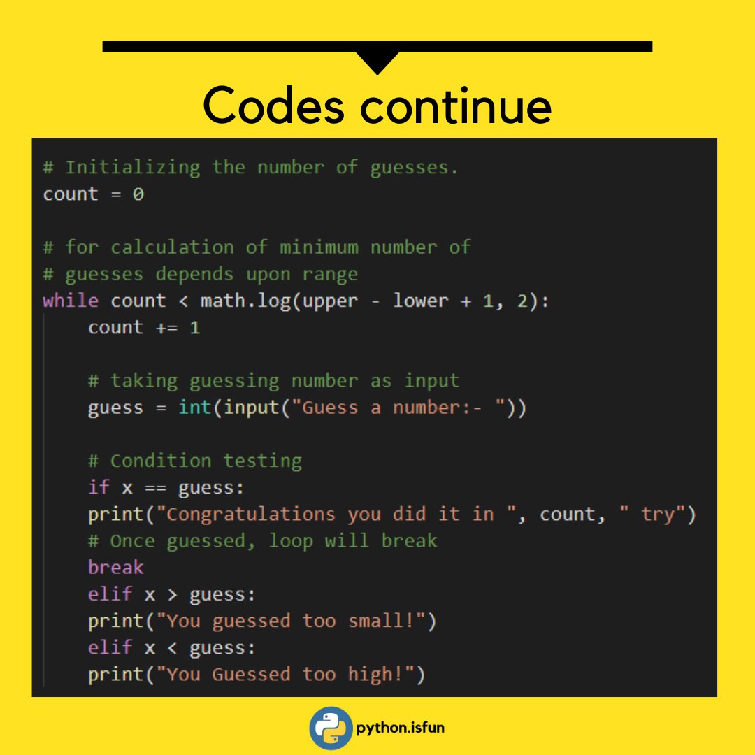 IsfunPython's tweet image. Most of the students from a Computer Science background, think of their very first project after doing a Programming Language.
I.e Number guessing
Do follow @IsfunPython
#pythonisfun #pythonprogramming #pythonisfuture
#codeforfun #codewithharry #pythonlanguage