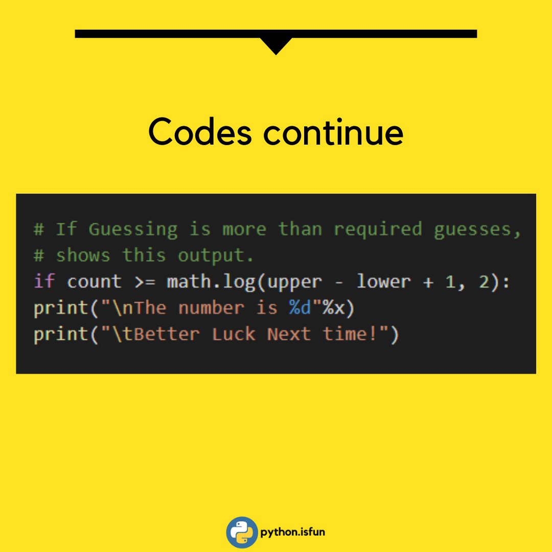 IsfunPython's tweet image. Most of the students from a Computer Science background, think of their very first project after doing a Programming Language.
I.e Number guessing
Do follow @IsfunPython
#pythonisfun #pythonprogramming #pythonisfuture
#codeforfun #codewithharry #pythonlanguage