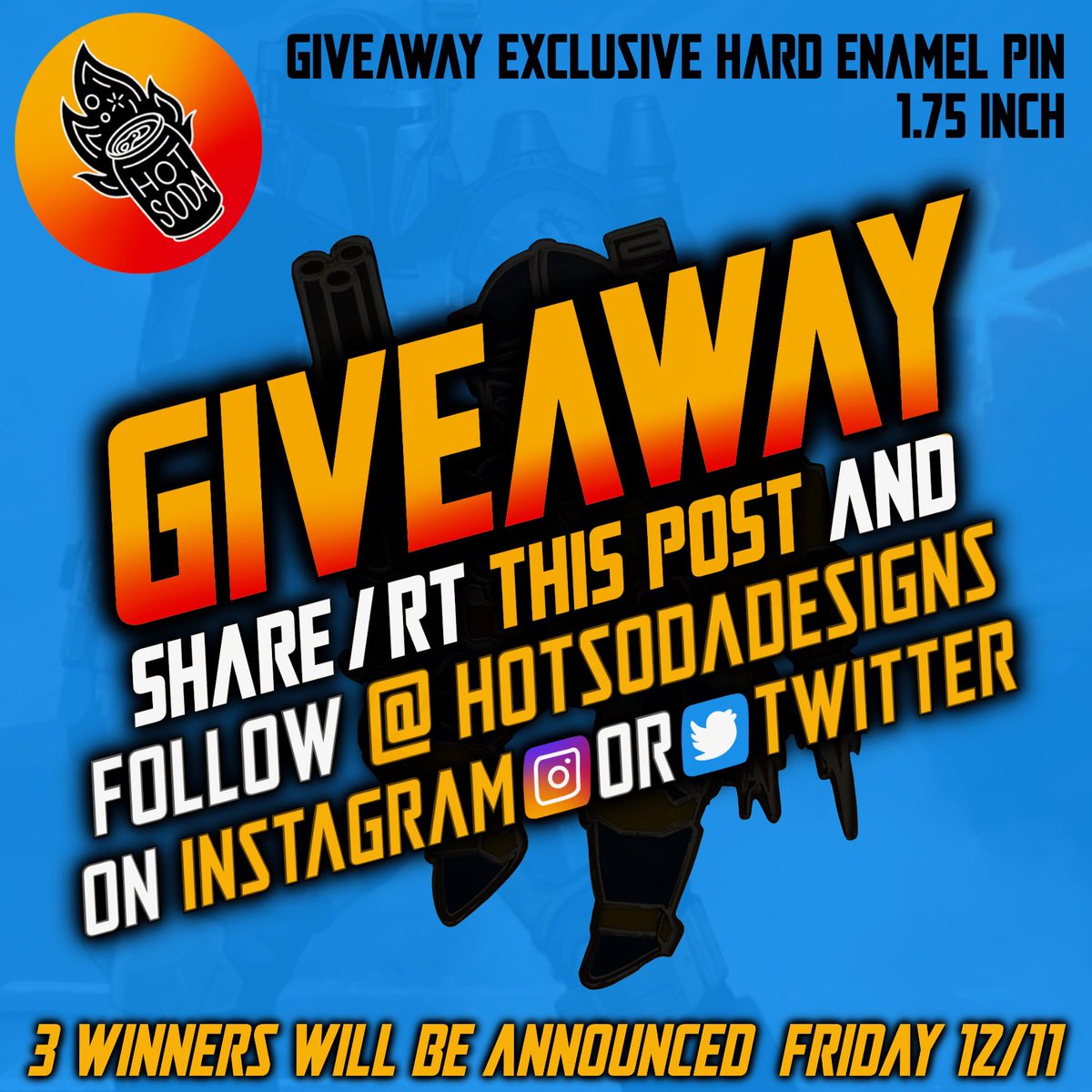 HotSodaDesigns's tweet photo. To celebrate the shop's opening weekend, Hot Soda Designs is having a ✨GIVEAWAY✨!

RT this tweet and Follow @HotSodaDesigns to enter a chance to win this Giveaway EXCLUSIVE 1.75" inch hard enamel pin! 

3 winners will be announced Friday, 12/11 https://t.co/CZHKo42Tao https://t.co/vSqmD2ERNU