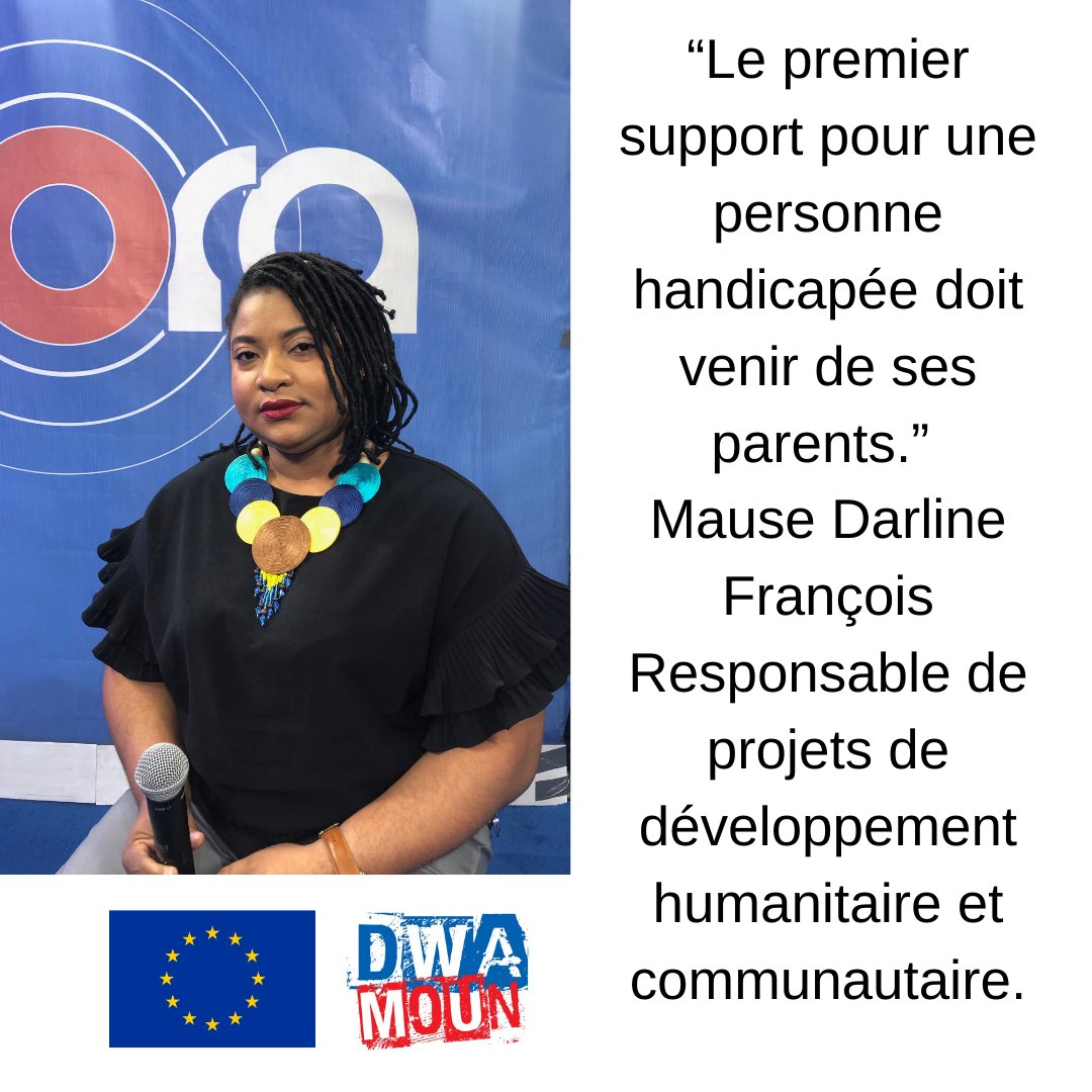EUDelegationHt's tweet photo. “Le premier support pour une personne handicapée doit venir de ses parents.” 
Mause Darline François, Responsable de projets de développement humanitaire et communautaire.

L'émission AGORA, Chita Pale sou Dwa Moun
https://t.co/kzJ4iNufRB

#uedélégationht #UE #DisabilitiesDay https://t.co/YzRgRdpv4J