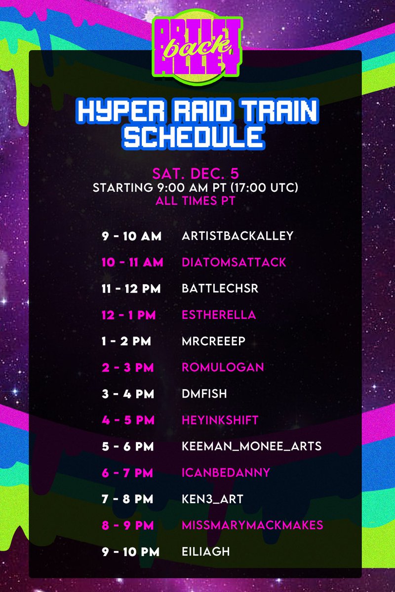 artistbackalley's tweet photo. The Hyper Raid Train Weekend starts in 10 minutes! Lets celebrate more #HyperTrain contributing artists! Check out Saturday’s lineup!
Starting it off at 12pm EST at https://t.co/WXDMhAxAT9 https://t.co/lXbcSIgEf2
