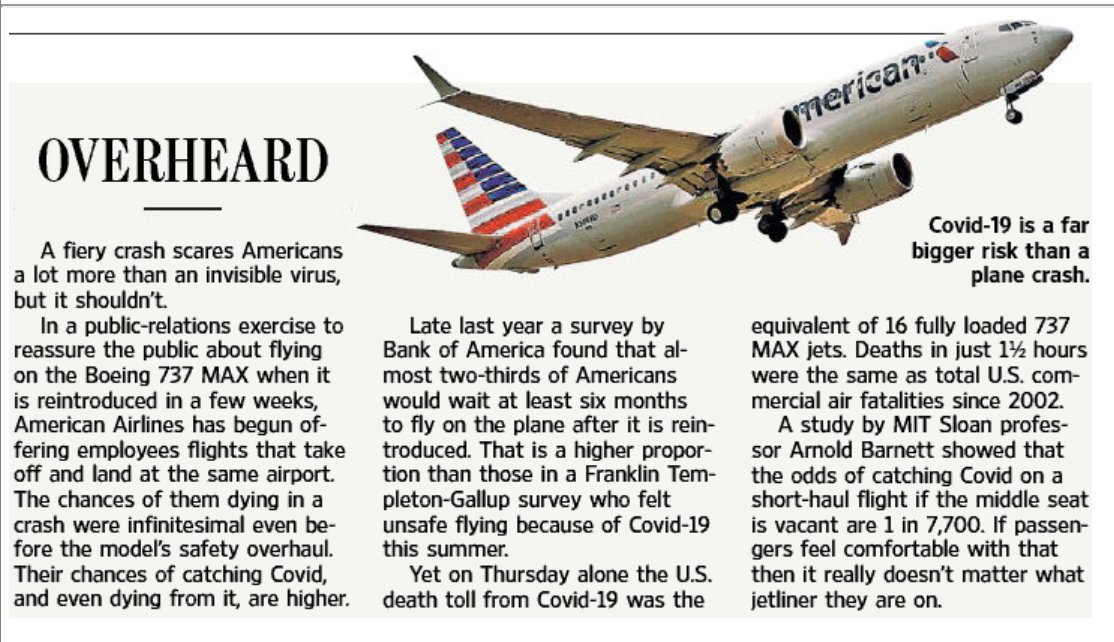 Covid & Flying @AmericanAir taking employees on flights to nowhere. Covid deaths in 1.5 hours = all US commercial air fatalities in the past 18 yrs One day US death toll = 16 fully loaded 737 MAX jets Chance of catching covid w/ middle seat vacant 1/7,700 wsj.com/articles/if-co…