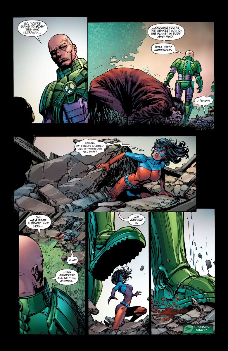 Lex kills Atomica, but seems a changed man.After earlier blackmailing, threatening and finally failing to save Thomas Kord, he elects not to take Kord Industries away from the family and praises Ted's work.Ted calls him "one of the good guys".