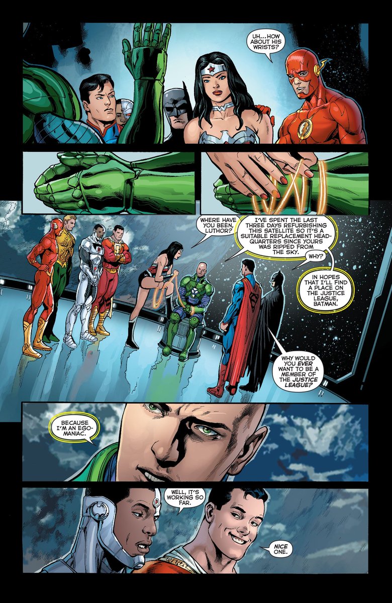 As a result of these events Lex decides he wants on the Justice League, during Geoff Johns' run.Partly out of pure ego, and partly out of a seemingly genuine realisation that they are not the threat he thought.