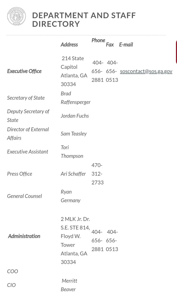 Gabriel Sterling with GA Secretary of States Office is not listed on the Department and Staff Directory page. There is no contact # or state email for him but he has done almost all press conferences and interviews. Last year he was named COO but not according to the state. (1)