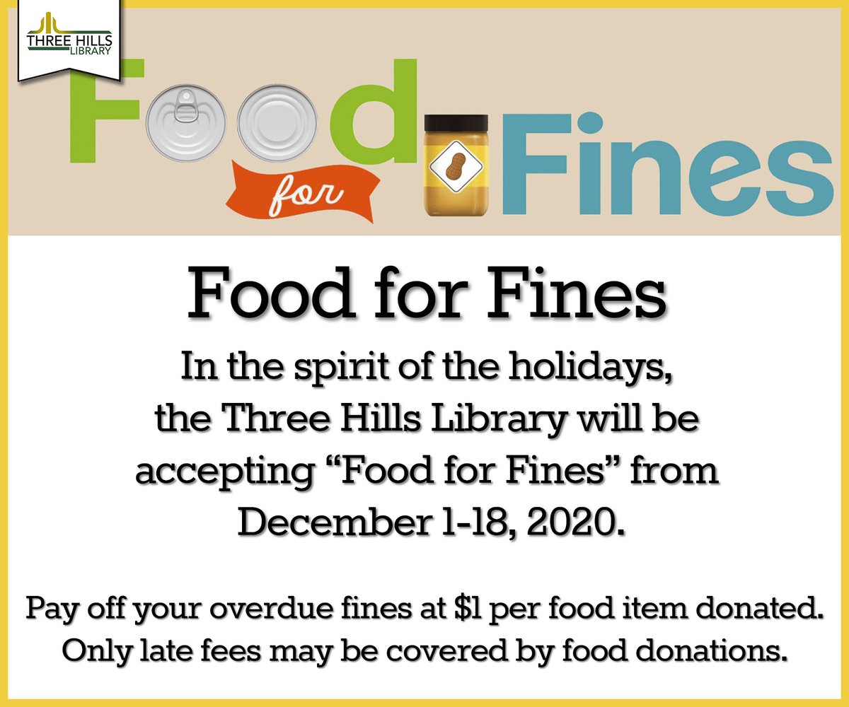 Food for Fines is back!  Bring your non-perishable goods to the library during our open hours to pay your overdue fines.