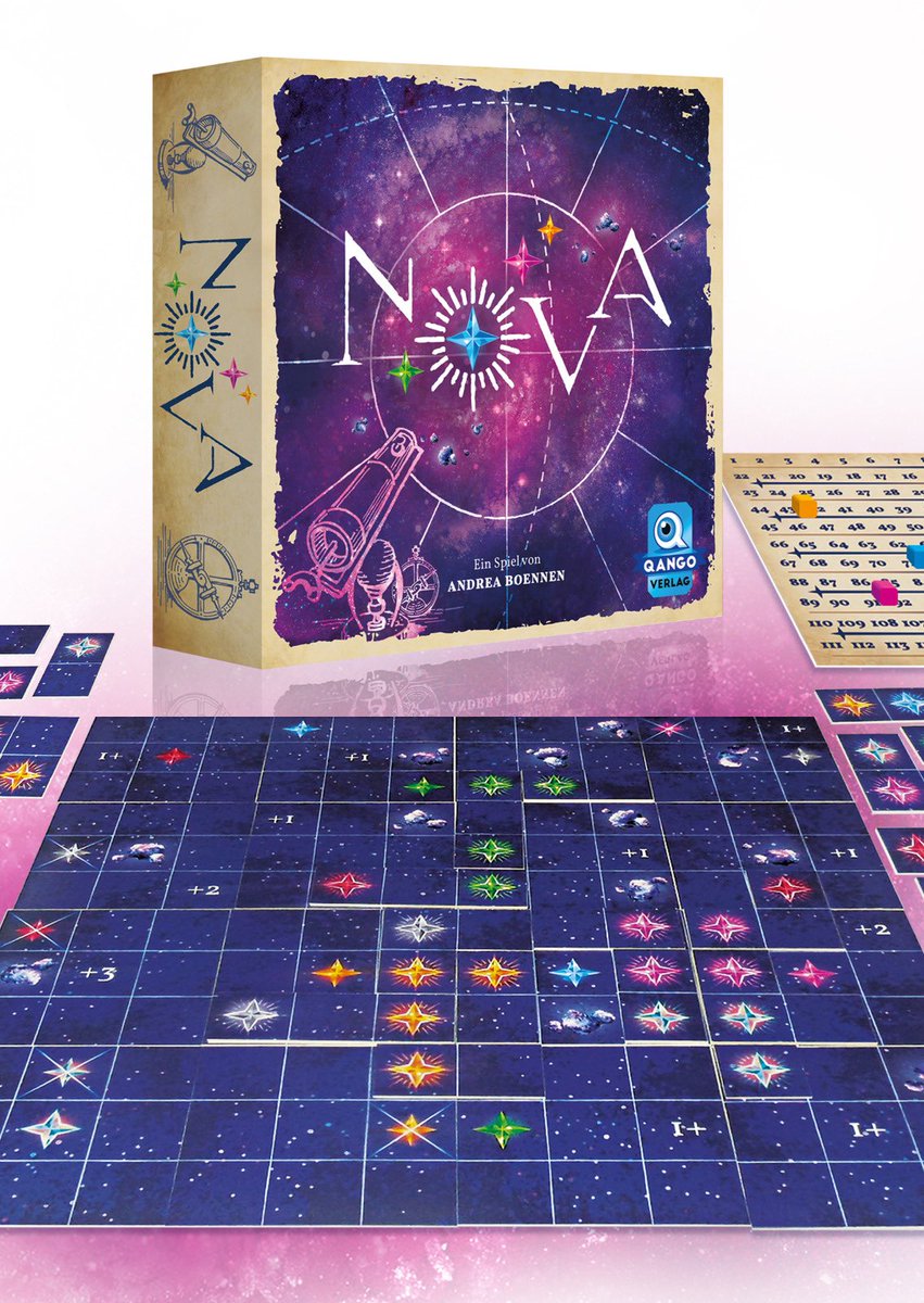 Bring den Sternenhimmel zum Leuchten!
NOVA ist ein taktisches Legespiel von Andrea Boennen.
Die Sternenbilder sind auf der alten Sternenkarte nur schwach zu erkennen. Lass sie durch geschicktes Aneinanderlegen wieder erstrahlen!