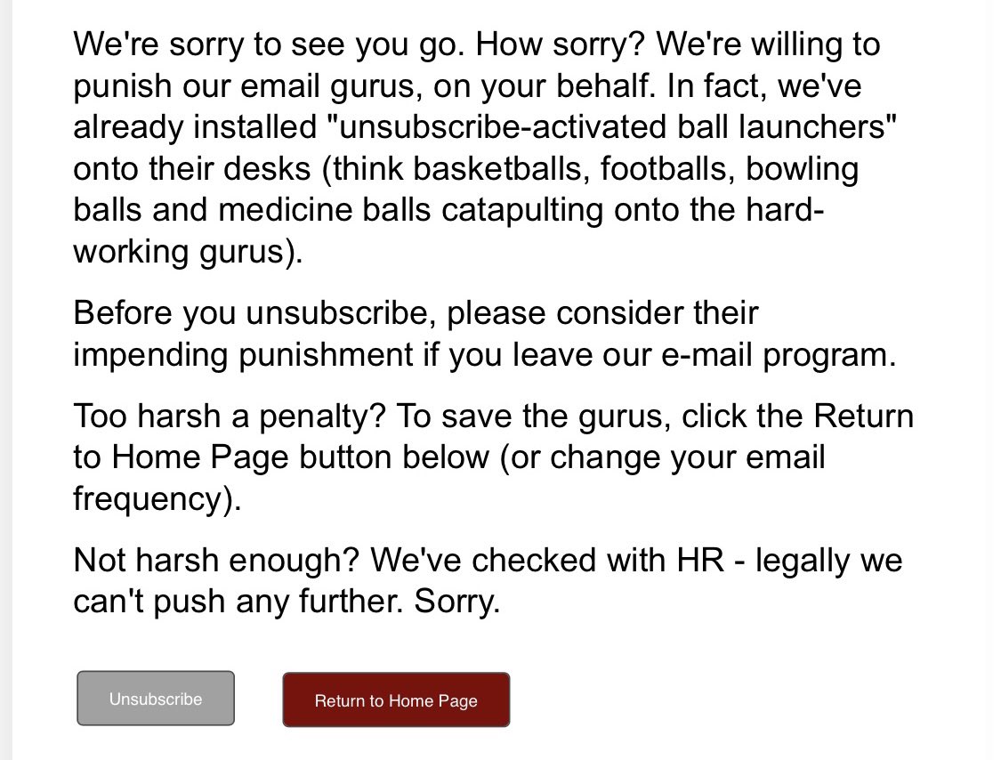 mtwojan's tweet photo. I’ve gotta hand it to @DunhamsSports, this is a pretty funny last-ditch effort 😅 But for real - please make Unsubscribe the primary button on this page. I came here to opt out and expect that to be the primary call to action. Better yet, don’t make me click anything at all. https://t.co/5R04tfXi5c