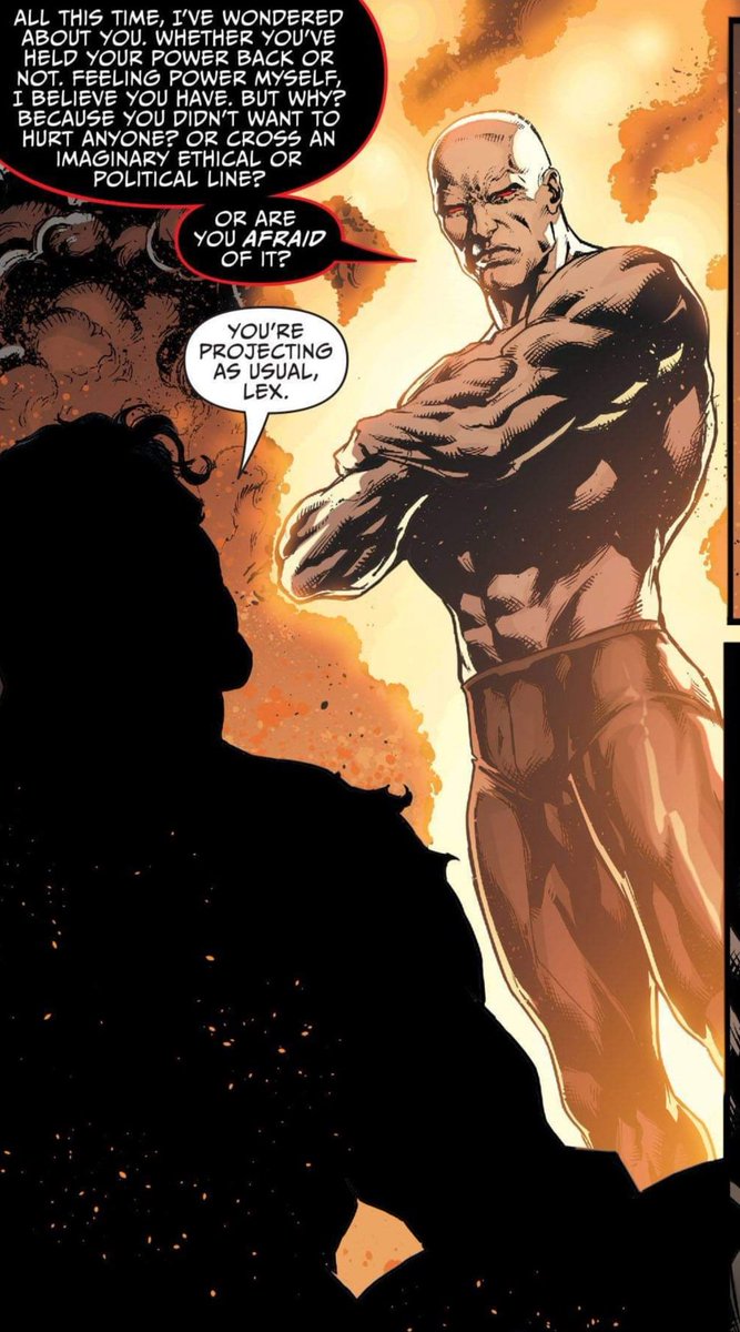 And so we roll to Darkseid War, where Lex and Supes have to work together on Apokolips, after Lex is shot by his sister 'For Darkseid'.They talk, and both ultimately end up with new Godly powers.Lex, obviously revels in this.