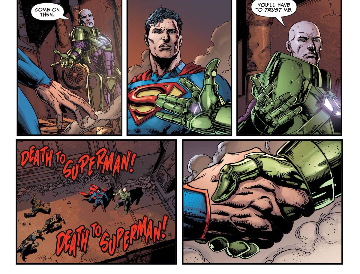And so we roll to Darkseid War, where Lex and Supes have to work together on Apokolips, after Lex is shot by his sister 'For Darkseid'.They talk, and both ultimately end up with new Godly powers.Lex, obviously revels in this.