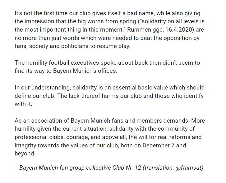 Many active fans criticized the meeting. Rummenigge's strongest critics: Bayern Munich's own fans.Club Nr. 12, the biggest collective of Bayern fan groups, released a statement criticizing the club’s approach to the calls for reforms.Translated parts of their statement. 8/18