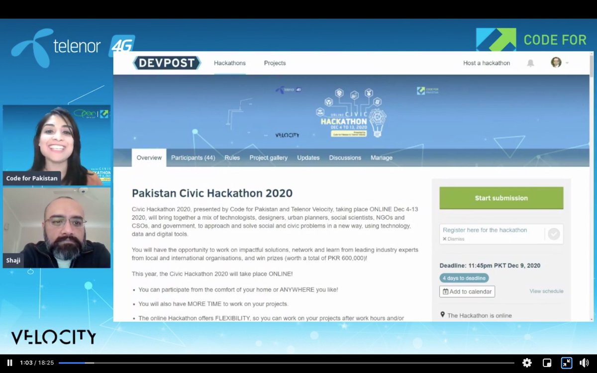 CodeforPakistan's tweet photo. Wrapping up the first full day of the Civic Hackathon 2020! Thank you to the guest speakers for joining us today!

The Civic Hackathon 2020, presented by Code for Pakistan and Telenor Velocity is taking place online, Dec 4-13! https://t.co/tObpk0kDaT
#cfphacks https://t.co/CWE5SMdsjM