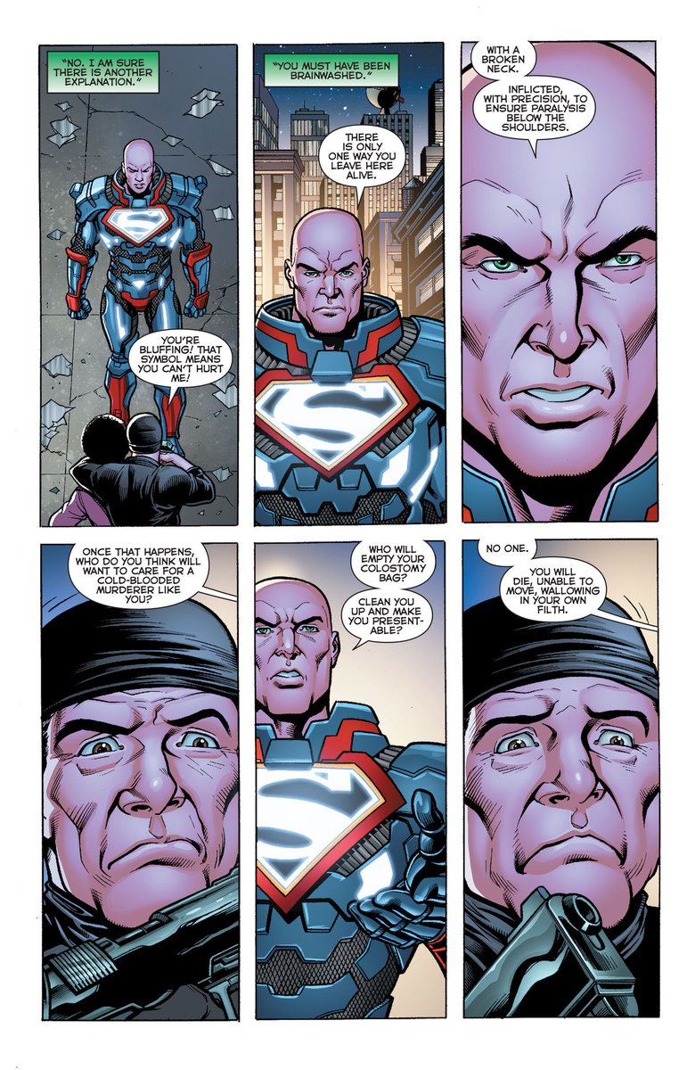 The last we see of Luthor before DC: Rebirth is in JL #52, in which is takes the now dead Superman's cape and decides to be a true hero.The Superman of Metropolis.He deals with a crime here in a pretty dark way, though he seems troubled by his own actions.